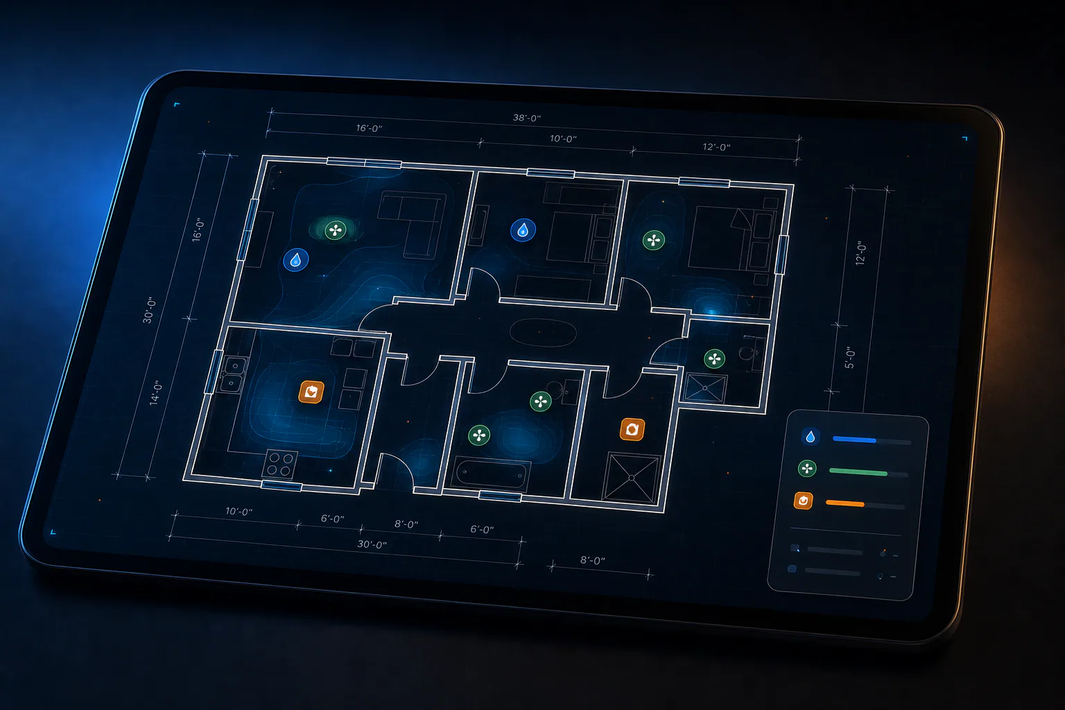 Cinematic Orva digital floor plan with equipment placement and moisture intelligence
