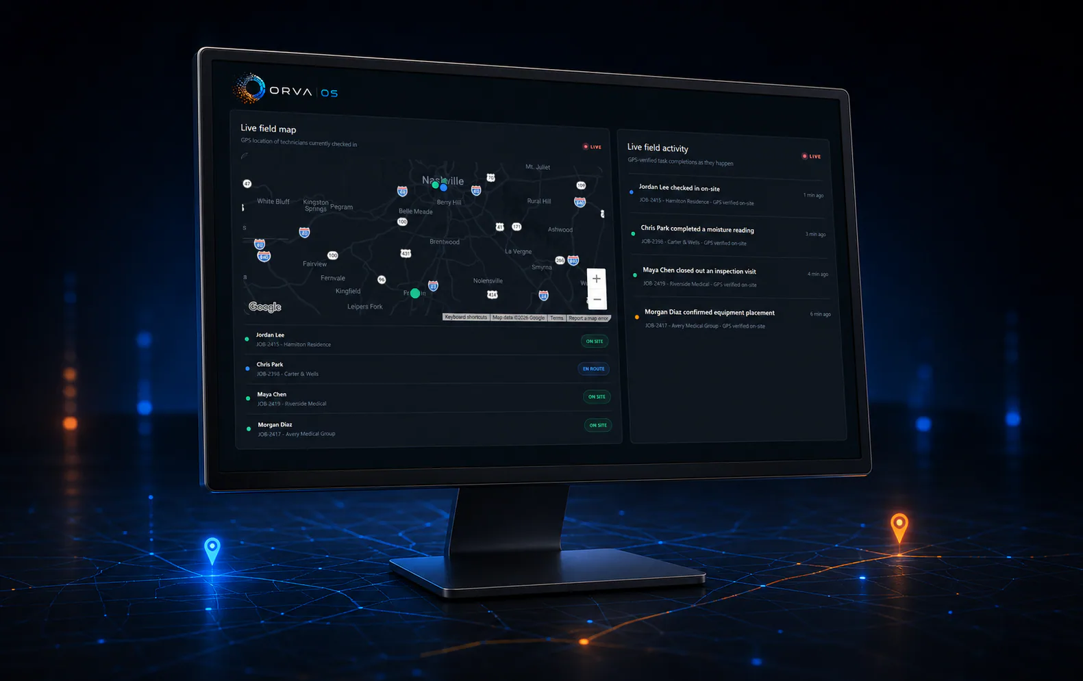 Cinematic Orva command center displaying the live field map and technician activity