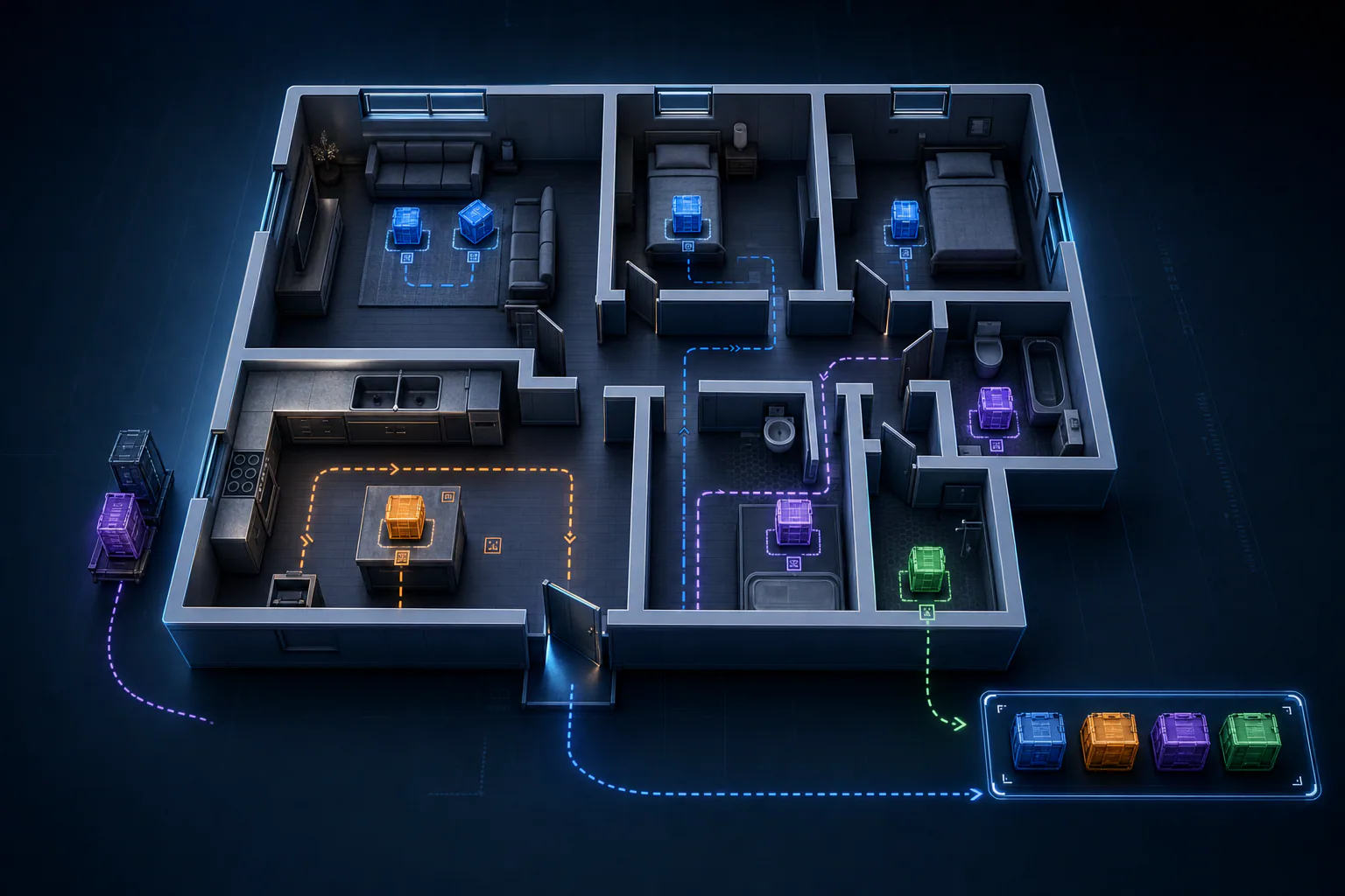 Cinematic contents pack-out floor plan with container and custody markers