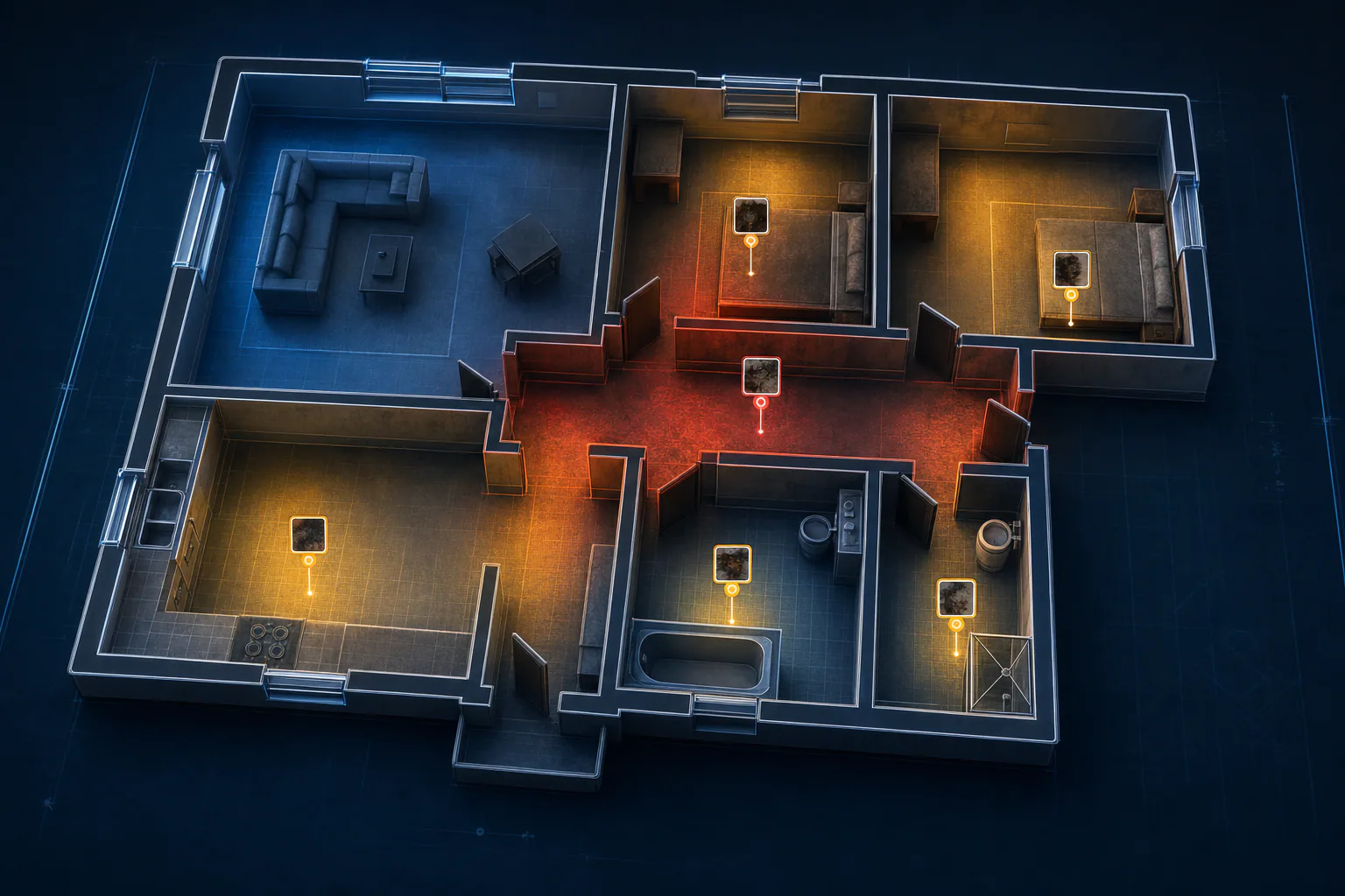Cinematic fire restoration floor plan showing room-level damage severity