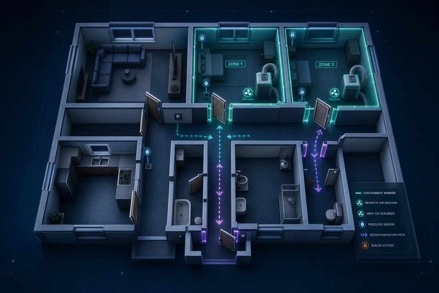Cinematic mold remediation floor plan with containment zones and equipment