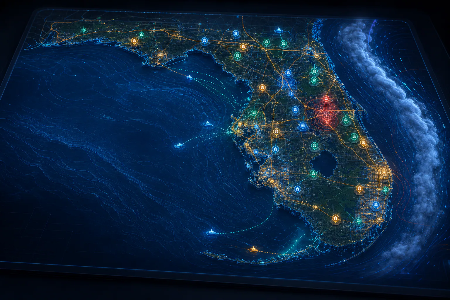 Cinematic Florida catastrophe response map with crews, routes, and property clusters